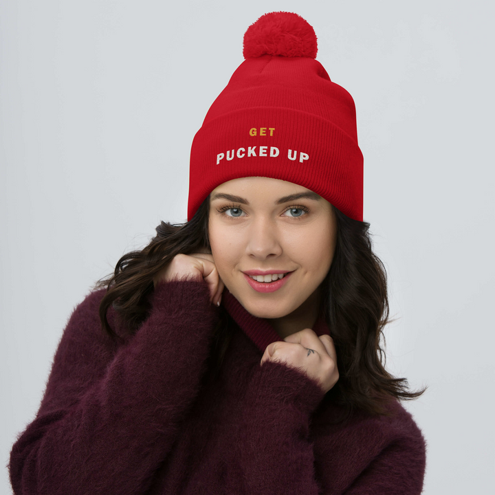 Get Pucked Up Pom-Pom Beanie, front view 2