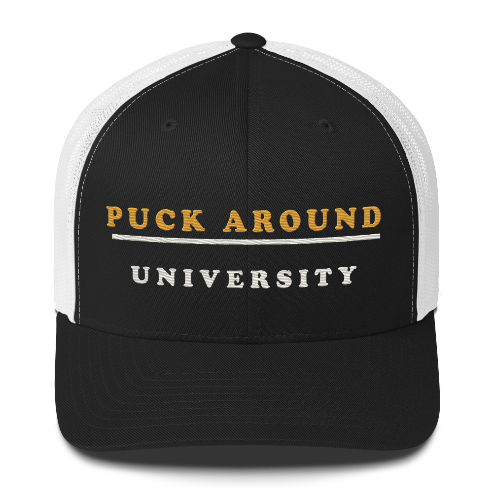 Puck Around University Trucker Cap, front