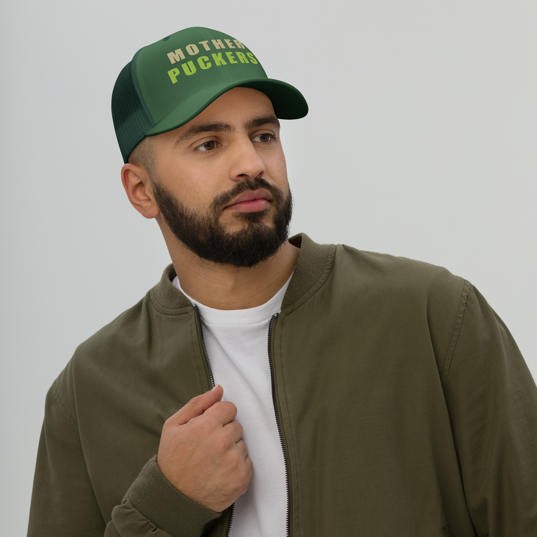Stacked Wordmark Trucker Cap, front view 2