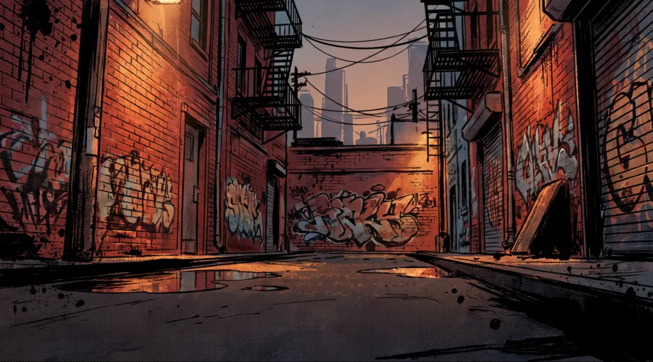A Detroit alley at the golden-grey in-between hour