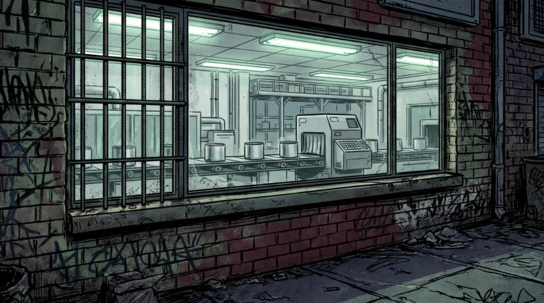 A cold industrial production line seen from across the alley
