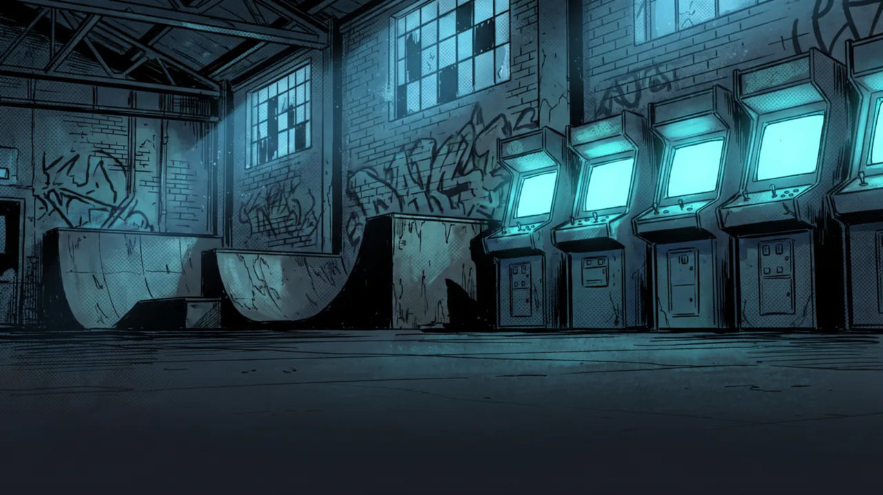 A disused Detroit factory after hours, arcade cabinets still humming