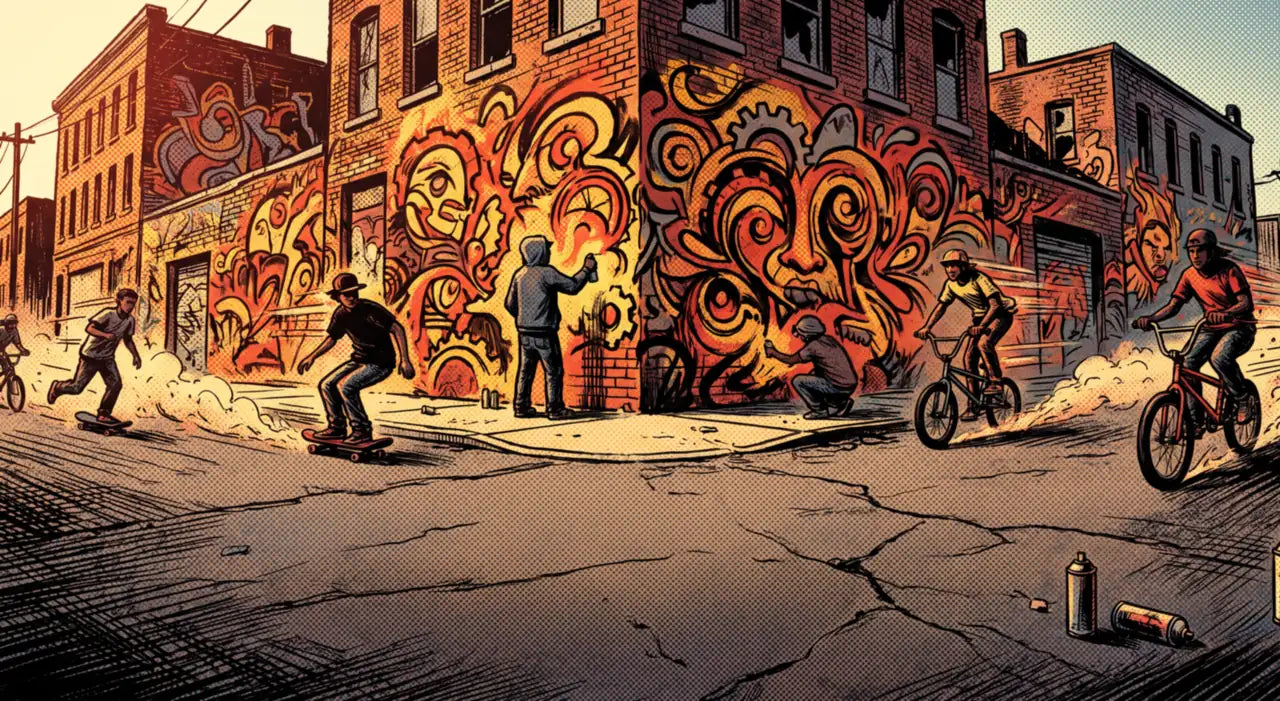 A sunlit Detroit corner covered in murals