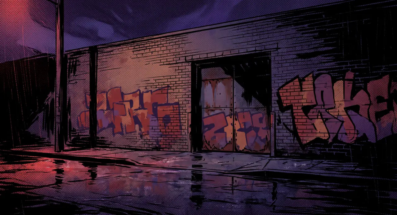 Deep night in downtown Detroit, red neon on rain-slick pavement