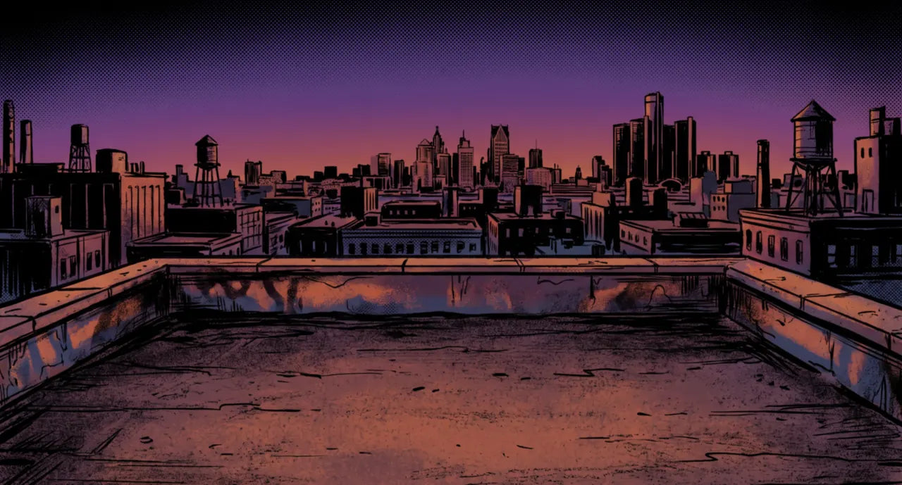 A rooftop above the Detroit skyline as the last light goes